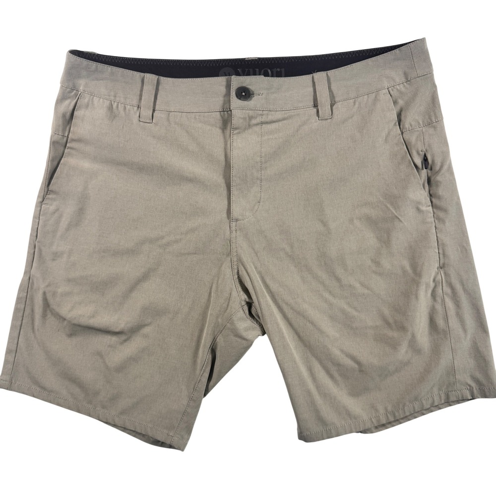 Vuori Aim Short Mens 34 Khaki Tan Performance Activewear Technical 8" Inseam
